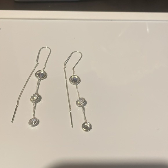 Dangle Drop Earrings with Three Round Clear Stones Silver Tone Jewelry - Picture 4 of 9